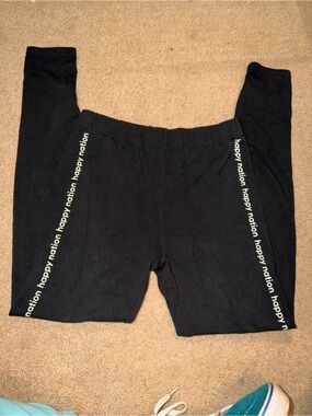Girls' Black Happy Nation  Logo Leggings 14/16
